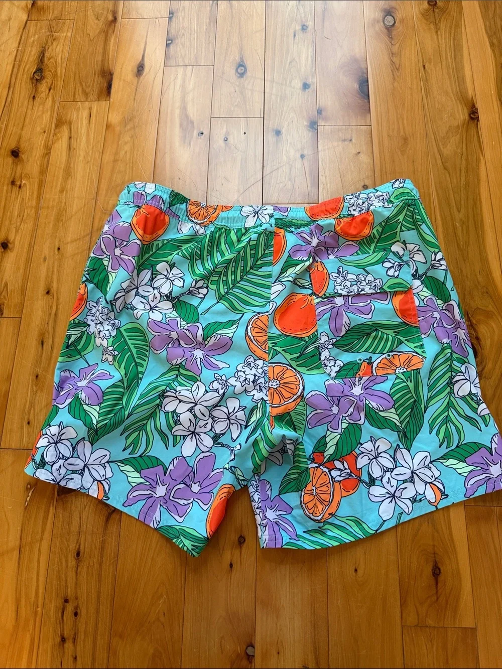 Vineyard Vines Aqua Floral Swim Trunks with Orange Fruit Print